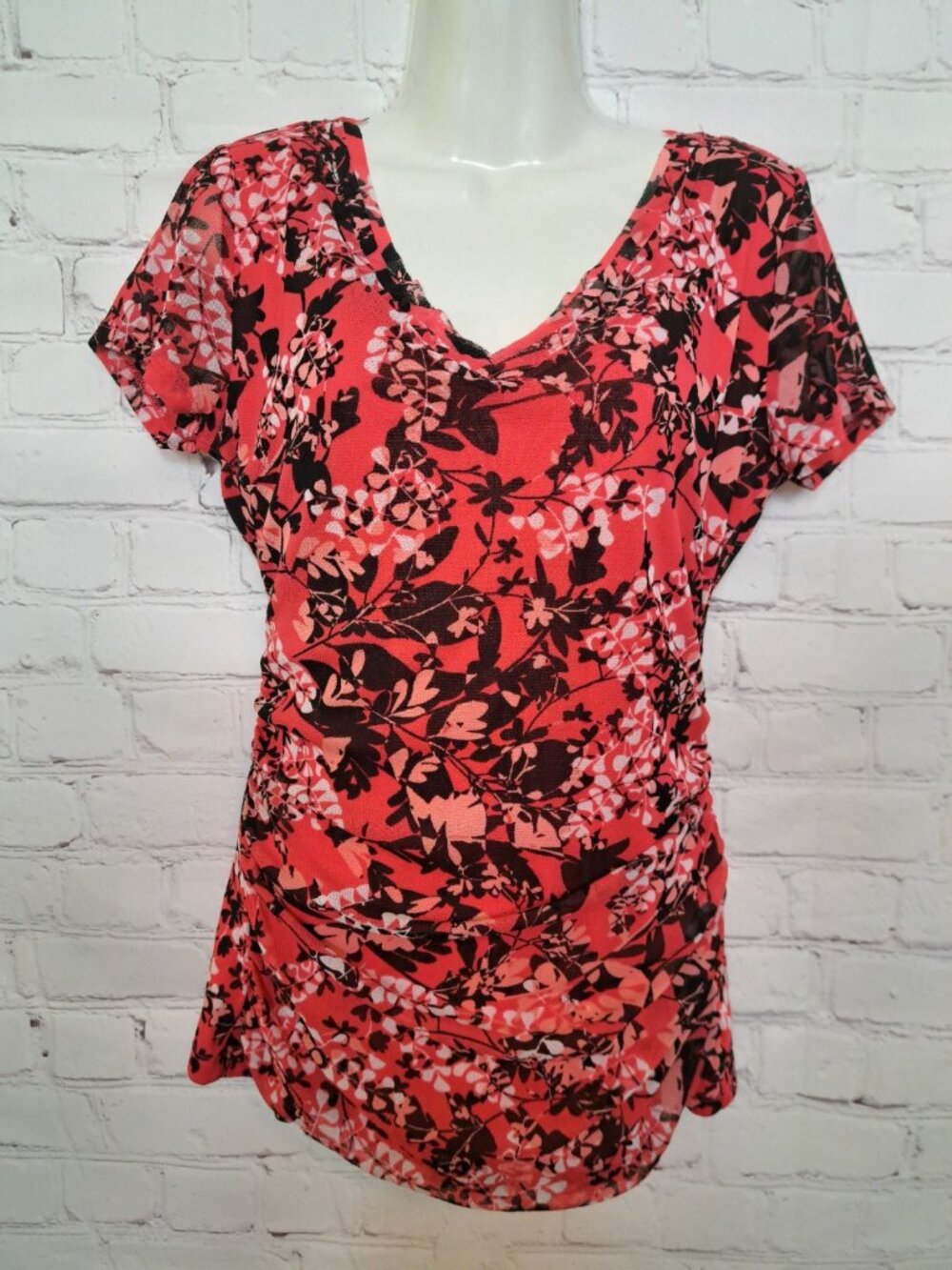 New York & Company Floral Print Ruched Top Size Small